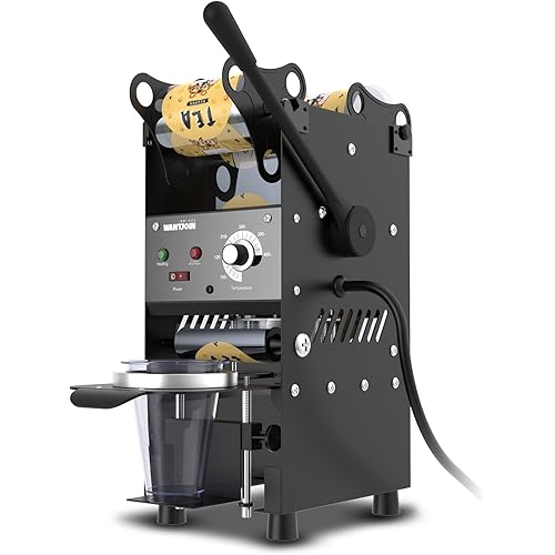 WantJoin Manual Cup Sealing Machine Electric Milk Tea Cup Sealer Machine Adjustable Temperature for 180mm Tall 90mm/95mm Diameter Cup 300-500 Cups/Hour