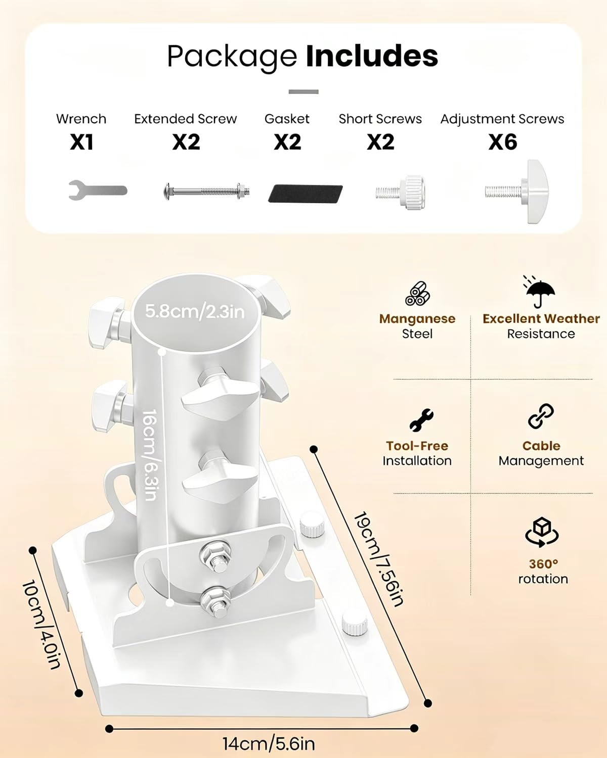 Adaptateur de tube Starlink Gen 3 à 360° - Blanc - Support de mât V3 - Plaque de montage pour toit - Compatible avec antenne standard Starlink - Convient pour mâts de 28 à 54 mm