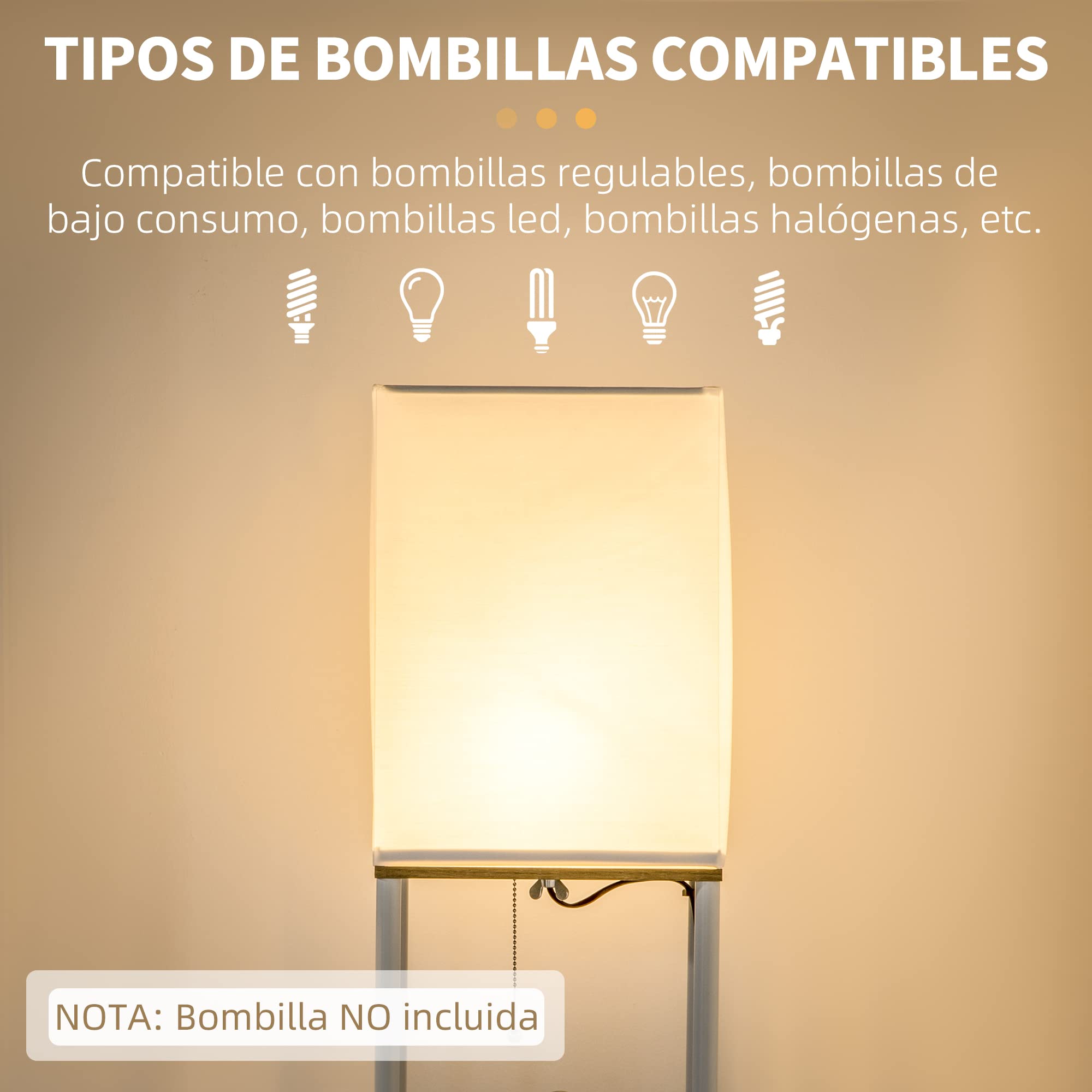 HOMCOM Lámpara de Pie Moderna con Estantes Lámpara de Pie para Salón Casquillo E27 Max. 40W con Pantalla de Tela e Interruptor para Dormitorio Oficina 26x26x159 cm Blanco