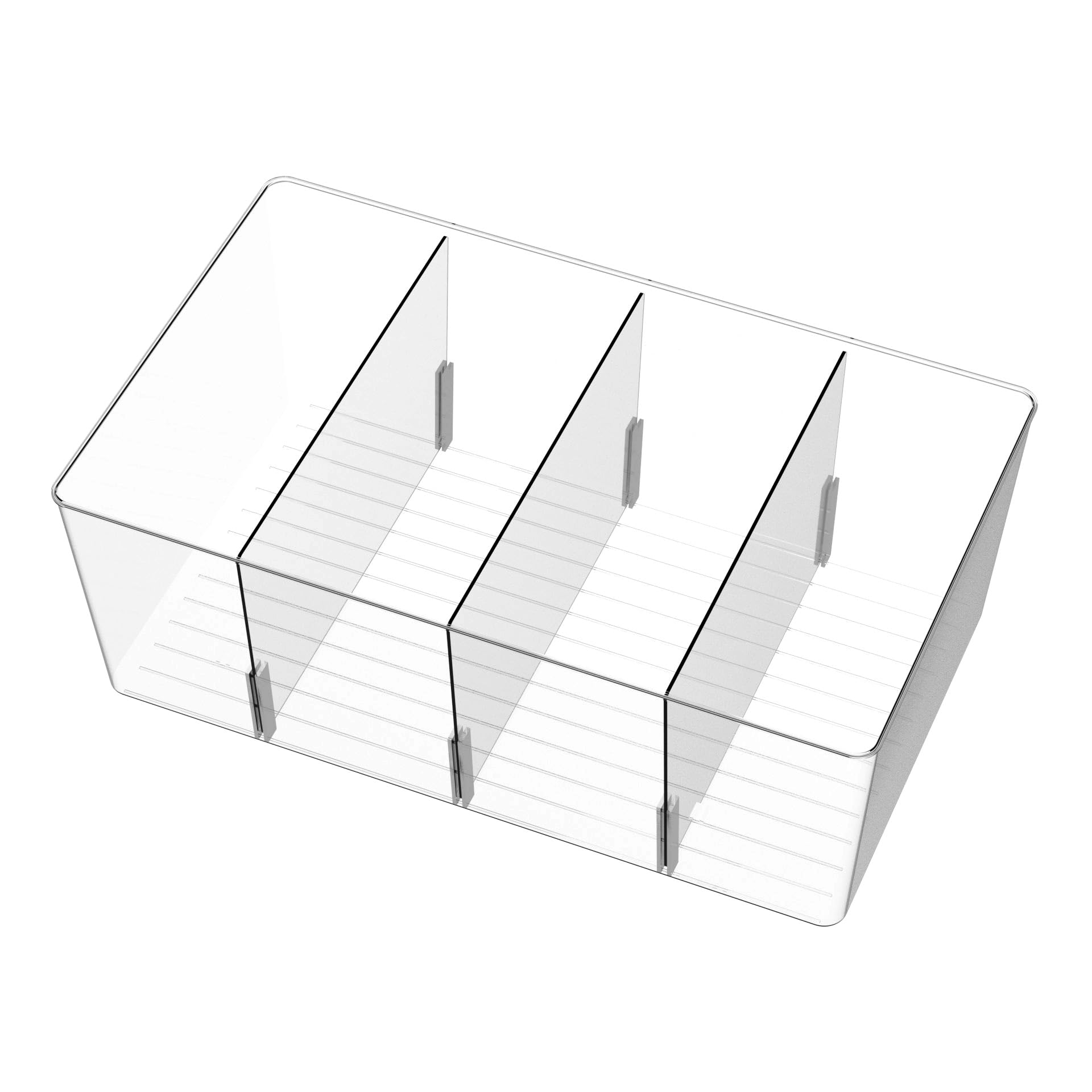 BIJOU LEO Clear Bins with dividers - Plastic 4 compartment organizer, Stackable Storage, Cabinets, Pantry, Kitchen, Office Organizers