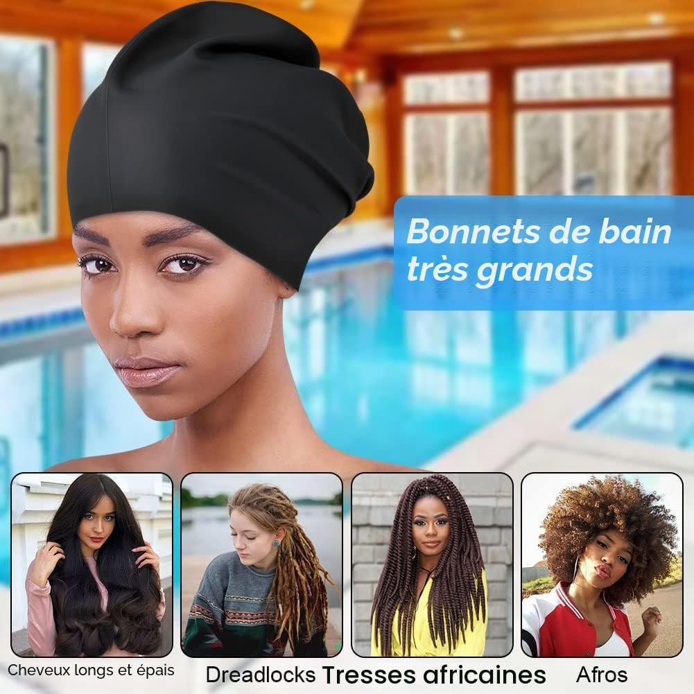 Bonnet de Bain Grand Silicone Imperméable Extra-Large pour Cheveux Longs Homme Femme