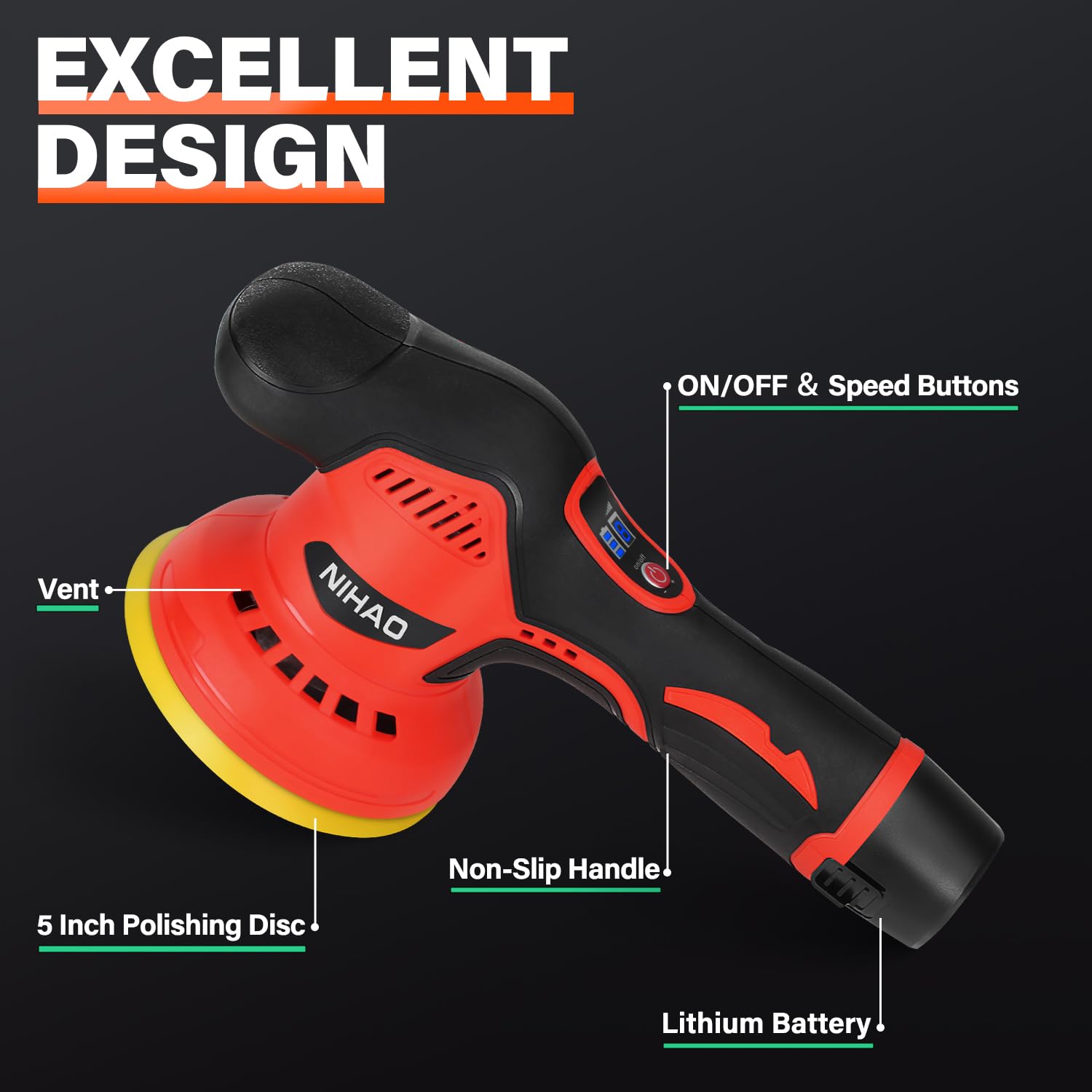 NIHAO - 5 Inch Cordless Car Buffer Polisher with 2PCS 12V 2000mAh Rechargeable Battery & Extra 15PCS Attachments, 8 Variable Speed Used for Car Detailing/Waxing