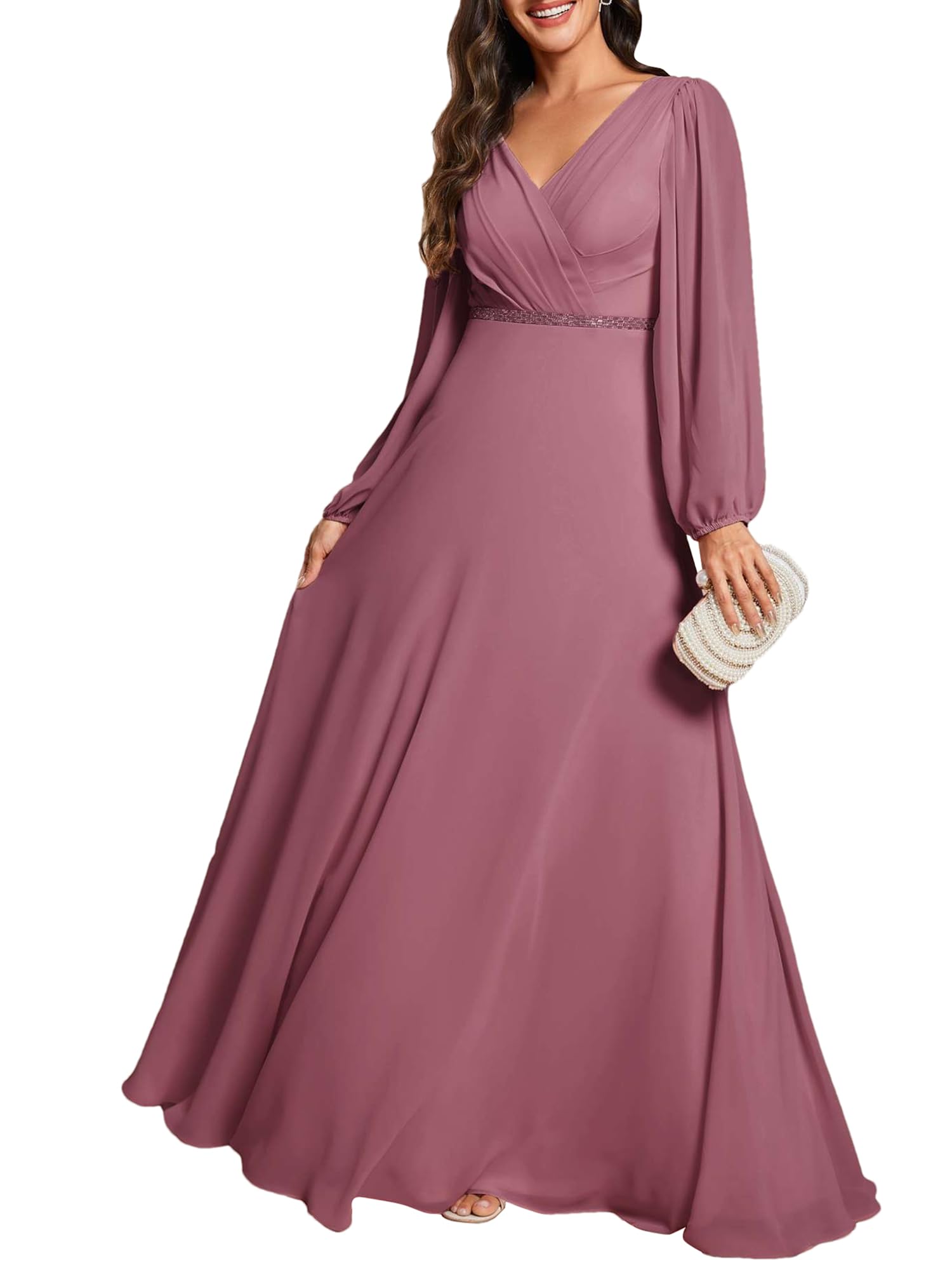 Bridesmaid Dresses for Women Long Sleeves V Neck A-line Maxi Evening Dress EE01981