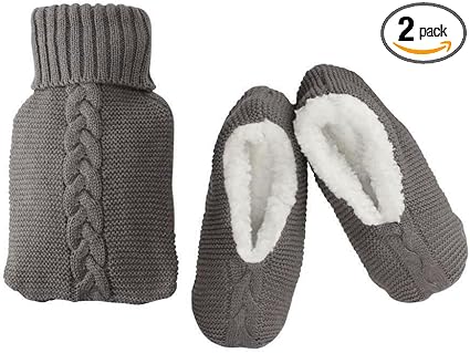 pair of grey knitted slippers with plush lining and matching hot water bottle cover