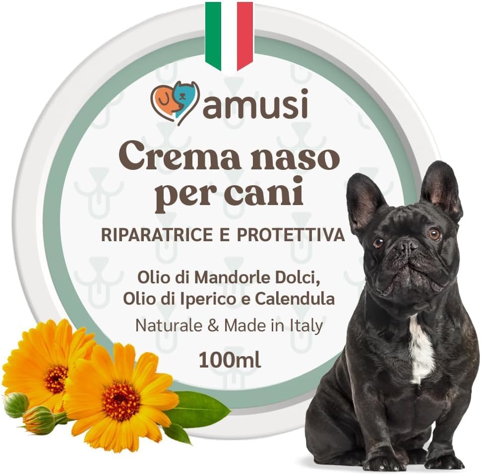 amusi Crema Naso Cane Naturale 100 ml Made in Italy con Calendula - Contro Dermatite e Secchezza | Balsamo Naso Cane Idratante per Il Tartufino Irritato dal Sole - Crema Naso Bulldog Francese