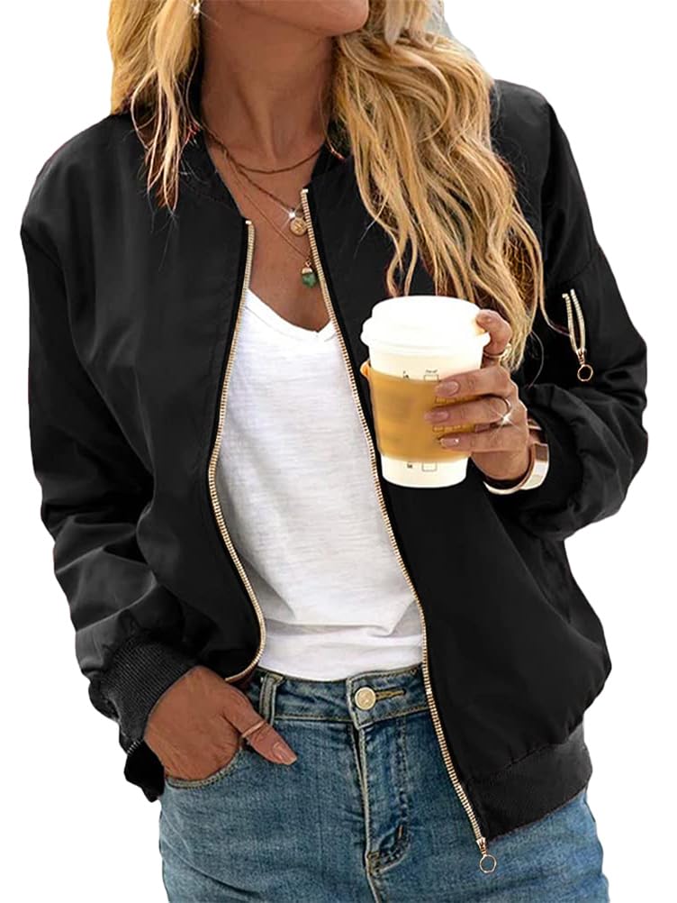 Minetom Veste Femme Motard Blouson Printemps Automne Léger Bombers Jacket Sweatshirt Sport Vintage Outwear Zippé Court Jacket