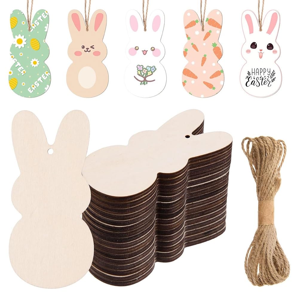 Vjsujehgy 60 Pcs Unfinished Easter Bunny Wooden Ornaments Wooden Peep Bunny Cutouts to Paint Blank Wood- Slices