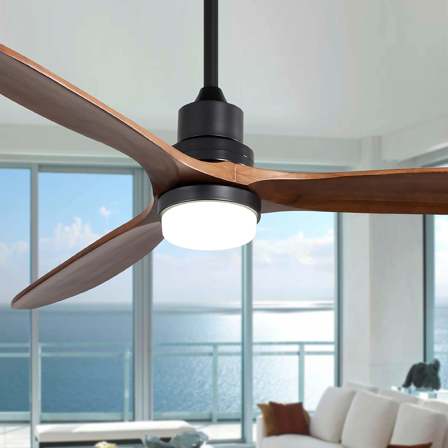 60 Inch Ceiling Fan with Lights 3 Solid Wood Fan Blade Noiseless Reversible Motor Remote Control, Smart Timing, Strong Airflow
