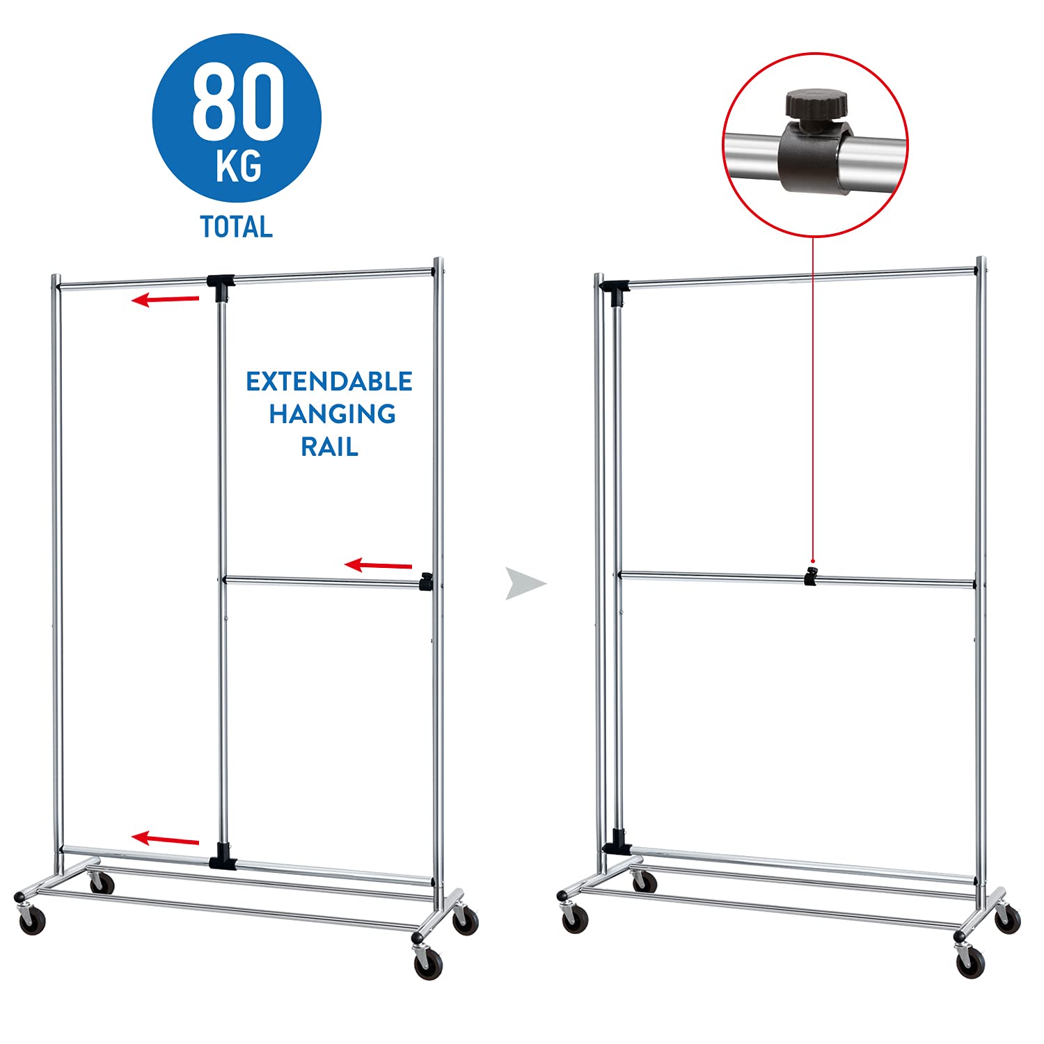 Tatkraft Marvel - Robusto Stand Appendiabiti da Terra, Barra Estensibile in Larghezza, Finitura in Acciaio Cromato Lucida, 116 x 49 x 188 cm