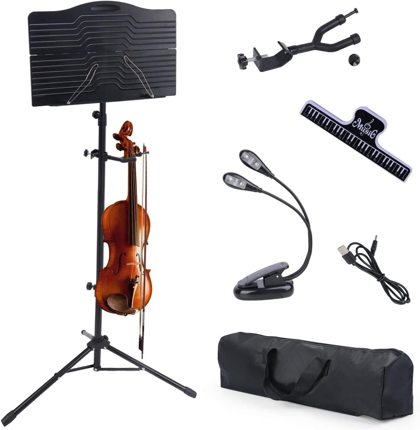 Klvied Music Music Stand with Violin Hanger, Portable Folding Violin Stand, Folding Music Stand for Sheet Music with Carrying Bag, Light Black