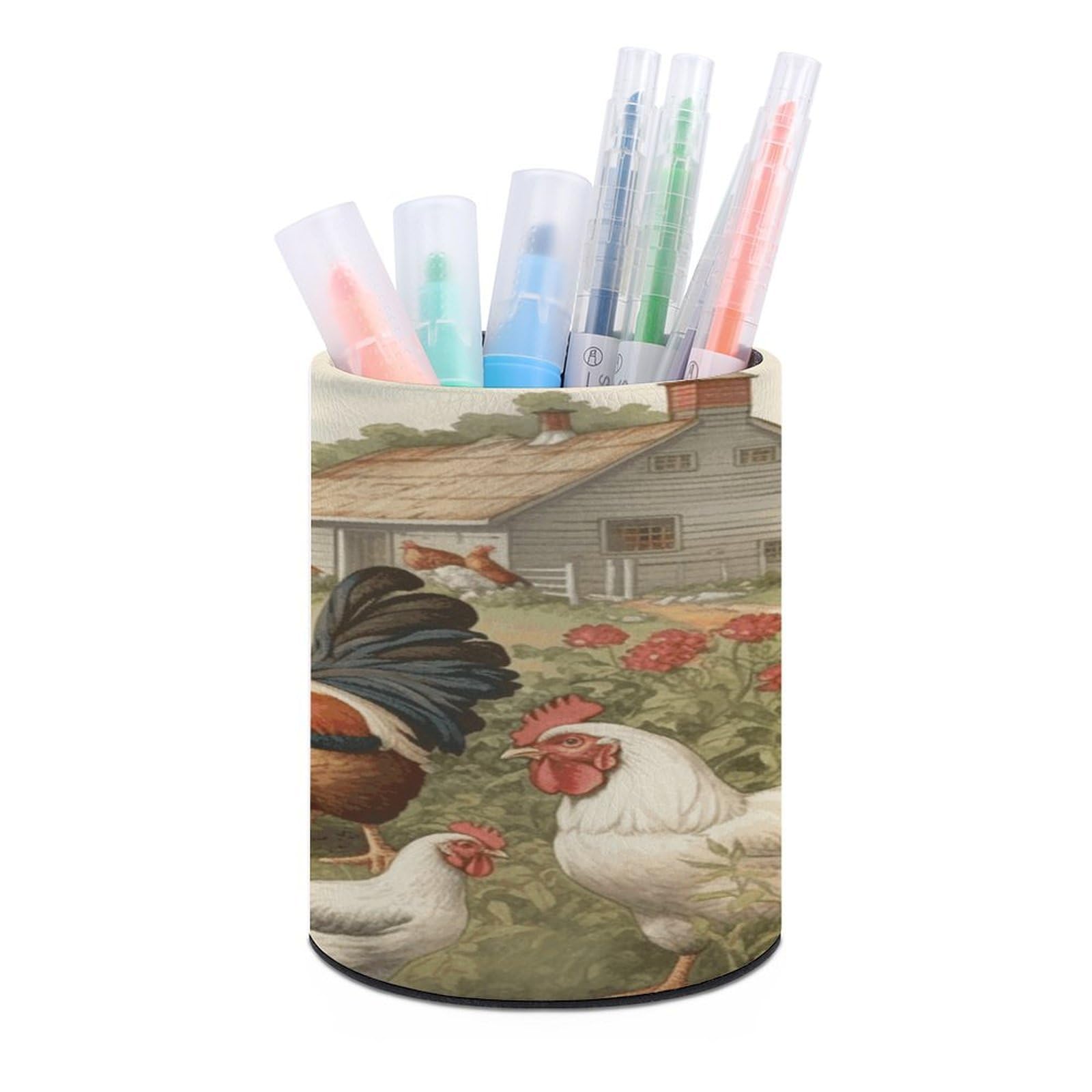 FekiLoot Round Leather Pen Holder - Multipurpose Desk Organizer, Modern Pencil Cup, Chickens And Farm Pencil Holder, Unique Makeup Brush Holders for Office Home Supplies & Gifts