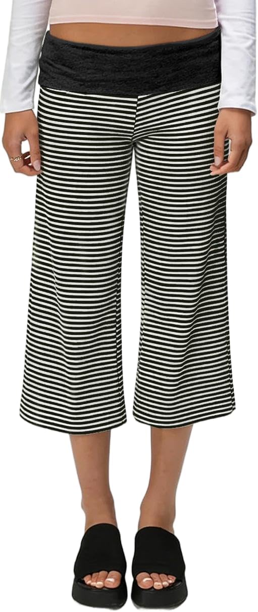 LILTWIST Women Fold Over Gaucho Pants Wide Leg Low Rise Flowy Capri Pants Yoga Lounge Cropped Flare Bottoms Culottes Summer