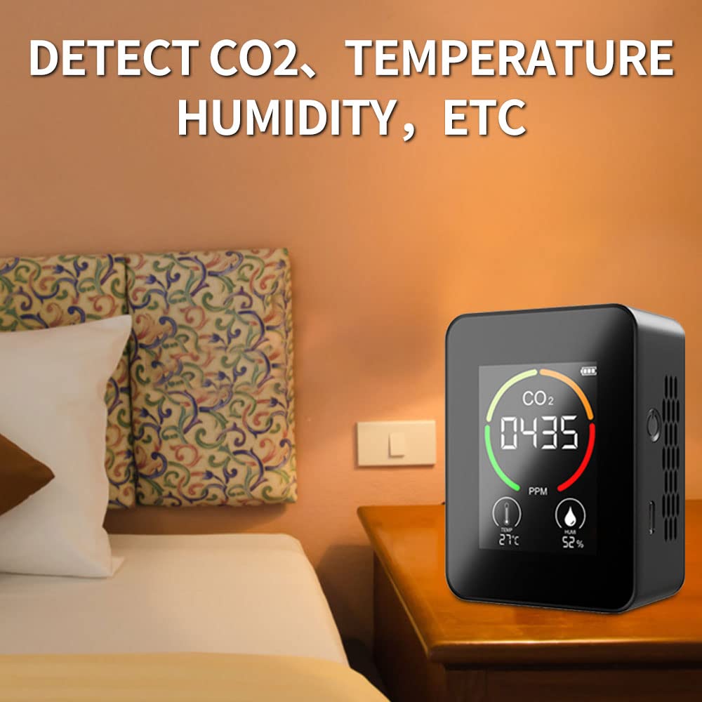 Detector de CO2, Monitor de CO2, Monitor de dióxido de Carbono, Sensor de CO2, Cargador Digital USB, Sensor de Calidad del Aire, Detector de Temperatura y Humedad para Oficina en casa(Negro)