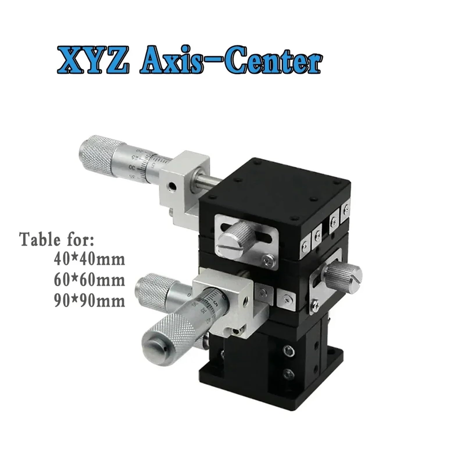Piattaforma micrometrica lineare Mi/Ni con Spostamento Manuale, Assi X/XY/XYZ, 40 mm, 60 mm, 90 mm per apparecchiature ottiche (ASSE XYZ-Centro, 90 mm)