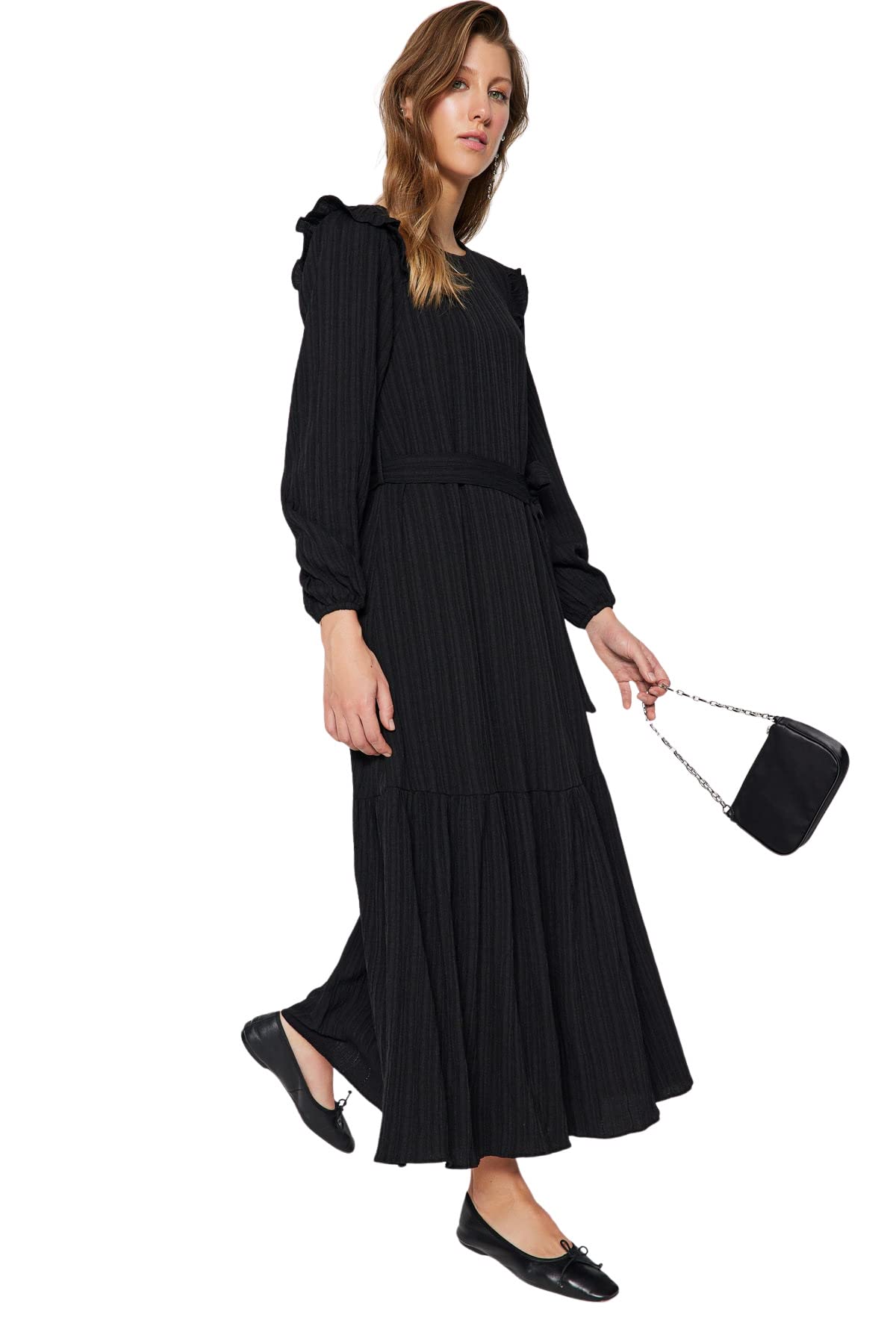 Trendyol Damen Schwarz Gerade Maxi Lange Ärmel Lässig/Lässig Regulär Hijab-Kleid
