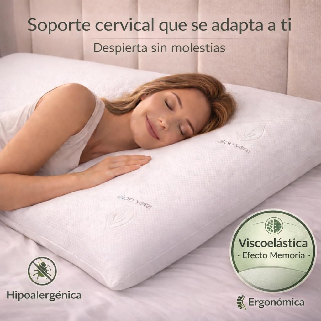 Almohada Viscoelástica 150cm Aloe Vera de Núcleo Compacto Indeformable – Almohada 150 Ergonómica de Alta Densidad para Dormir de Lado y Boca Arriba, Doble Funda Antialérgica Transpirable, OEKO-TEX