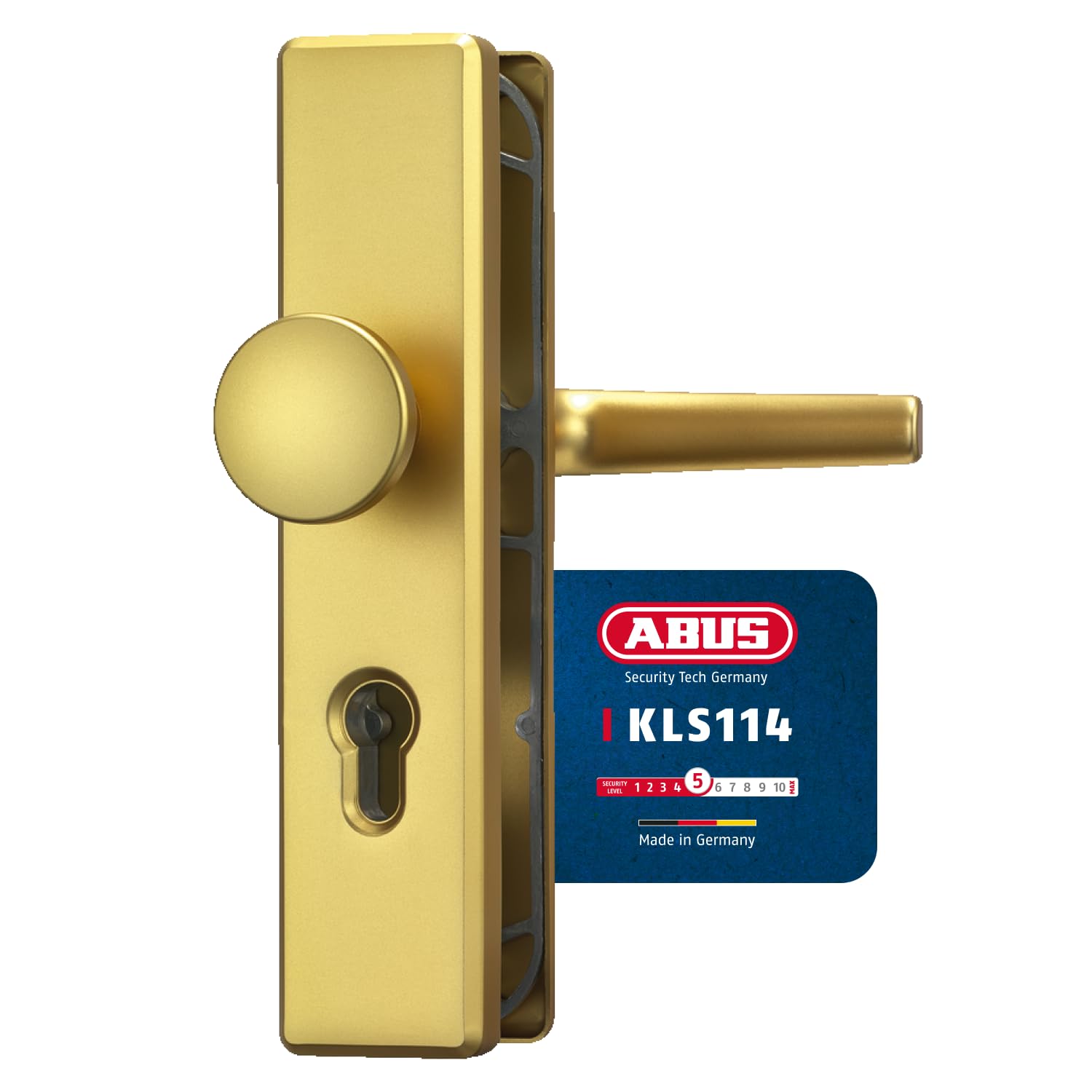 ABUS Türbeschlag KLS114 - für Wohnungstüren mit 72 mm Abstandsmaß - Türgriff innen, Türknauf außen - für nach links und rechts öffnende Türen - VdS anerkannt - F3 (Messing)