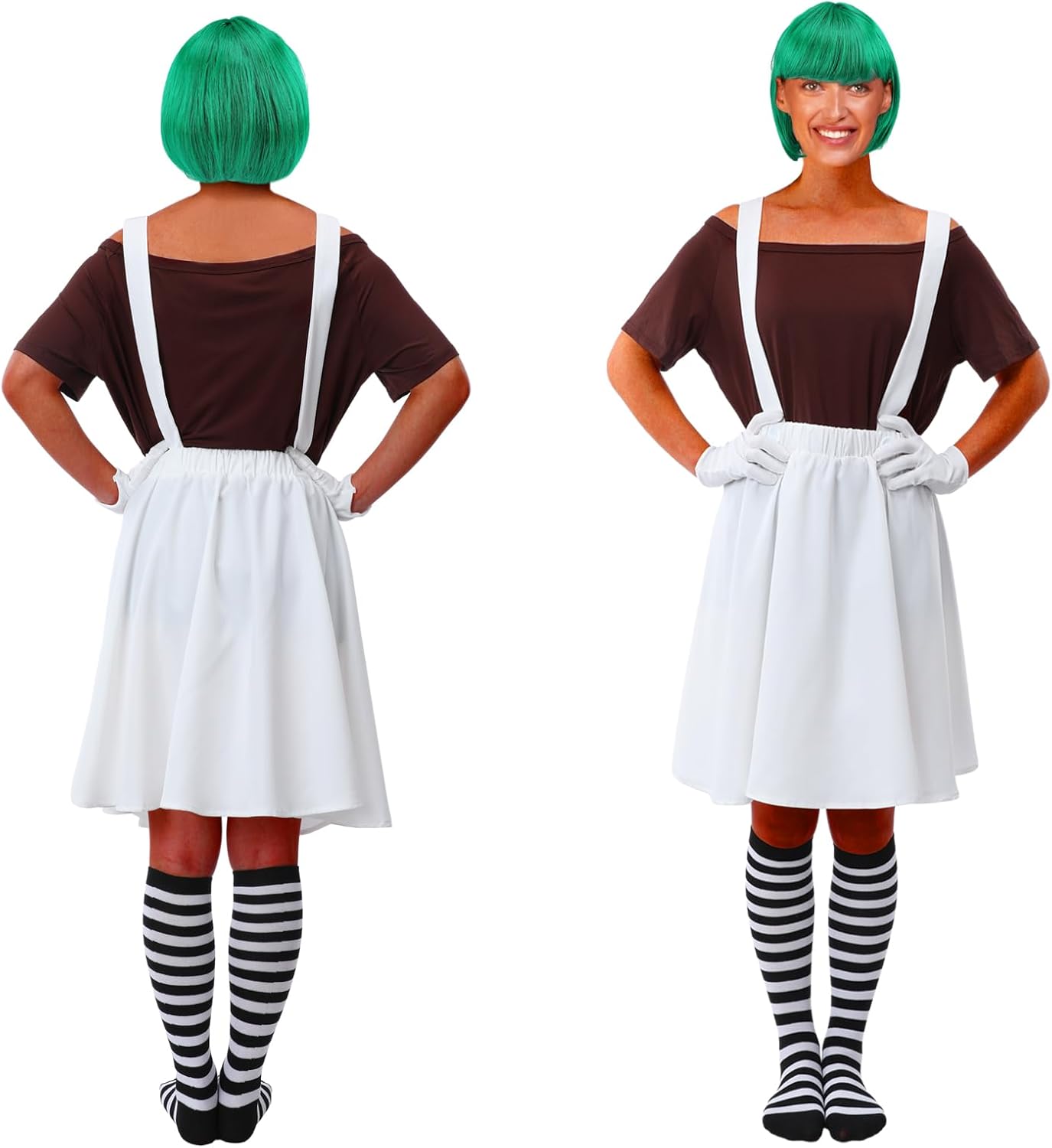 Hicarer 5 Pcs Halloween Women Chocolate Worker Costume Accessories, Costume Includes T Shirt White Skirt with Braces Green Wig Gloves Socks for Women Cosplay Party