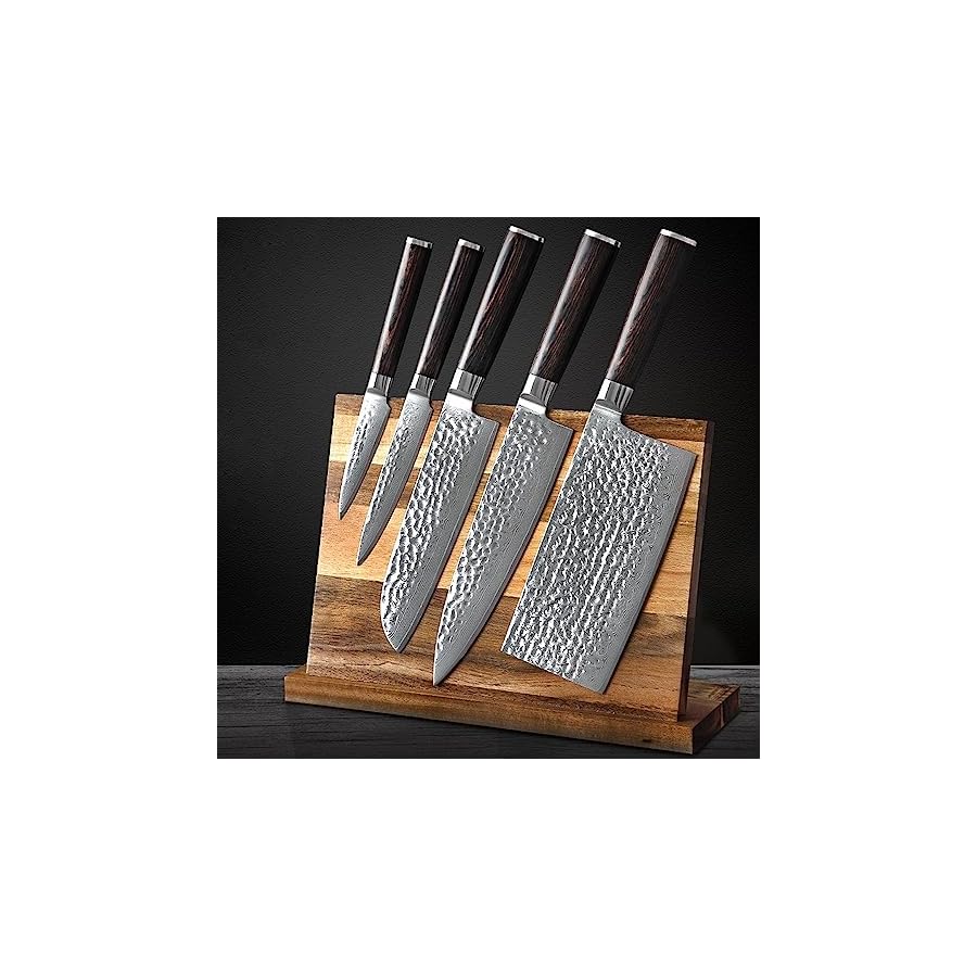 Damascus Knife Set, 6 PCS Utility Chef Knives Sets - 67 Layers Damascus Stainless Steel - Excellent Acacia Wood Knife Block Kitchen Knife Set