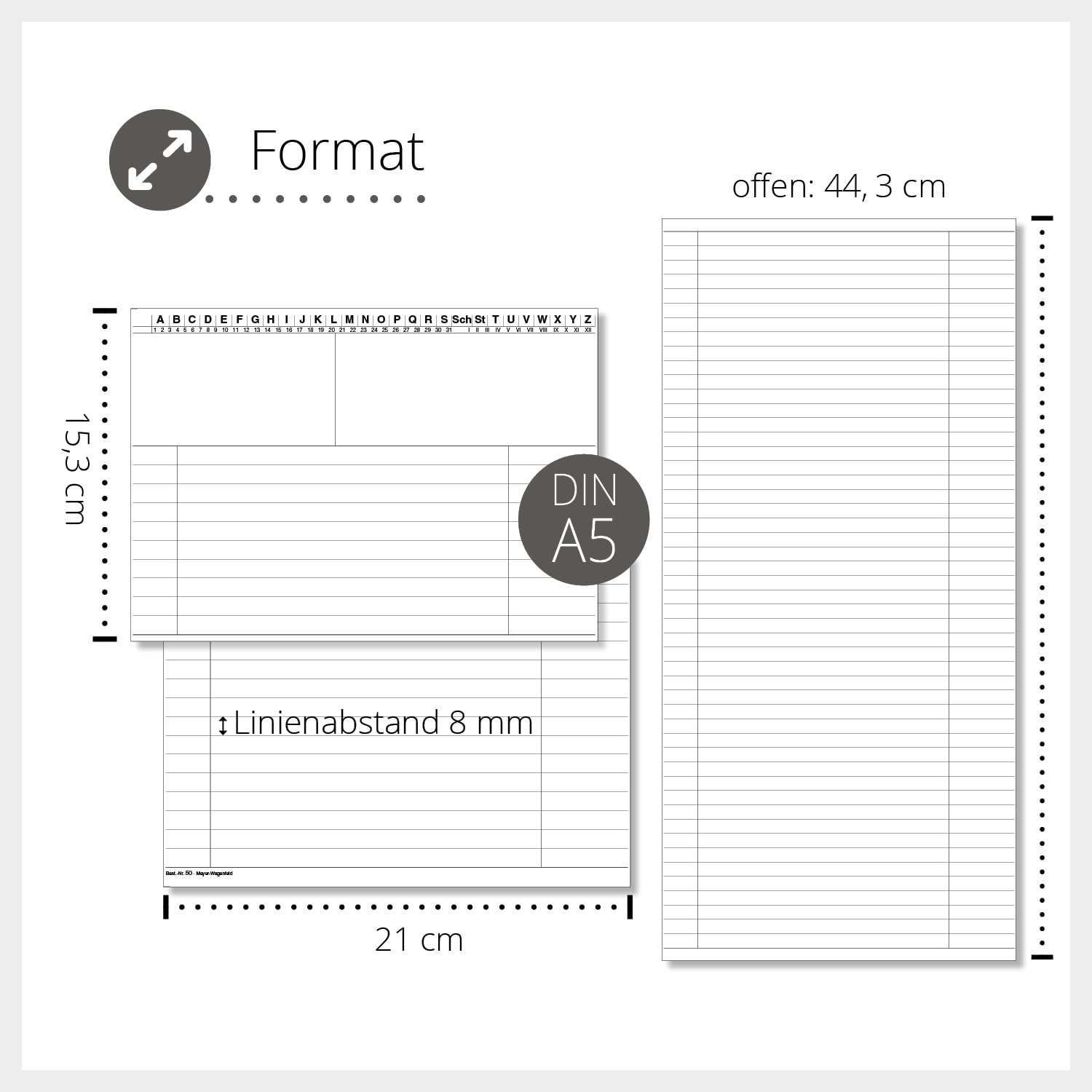 Patientenkartei mit Alphabetleiste neutral | 100 Stück | DIN A5 | Weiß | 190 g m² Spezialkarton | beidseitig liniert | Meyer-Wagenfeld