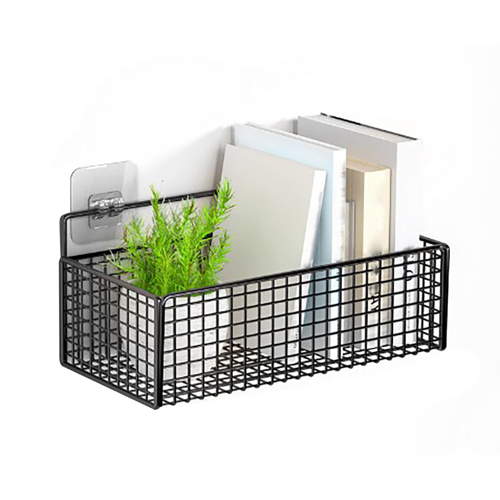 Paquete de 2 cestas de almacenamiento montadas en la pared sin taladros, organizador colgante de metal negro para cocina, baño, cestas de malla multifuncionales que ahorran espacio,