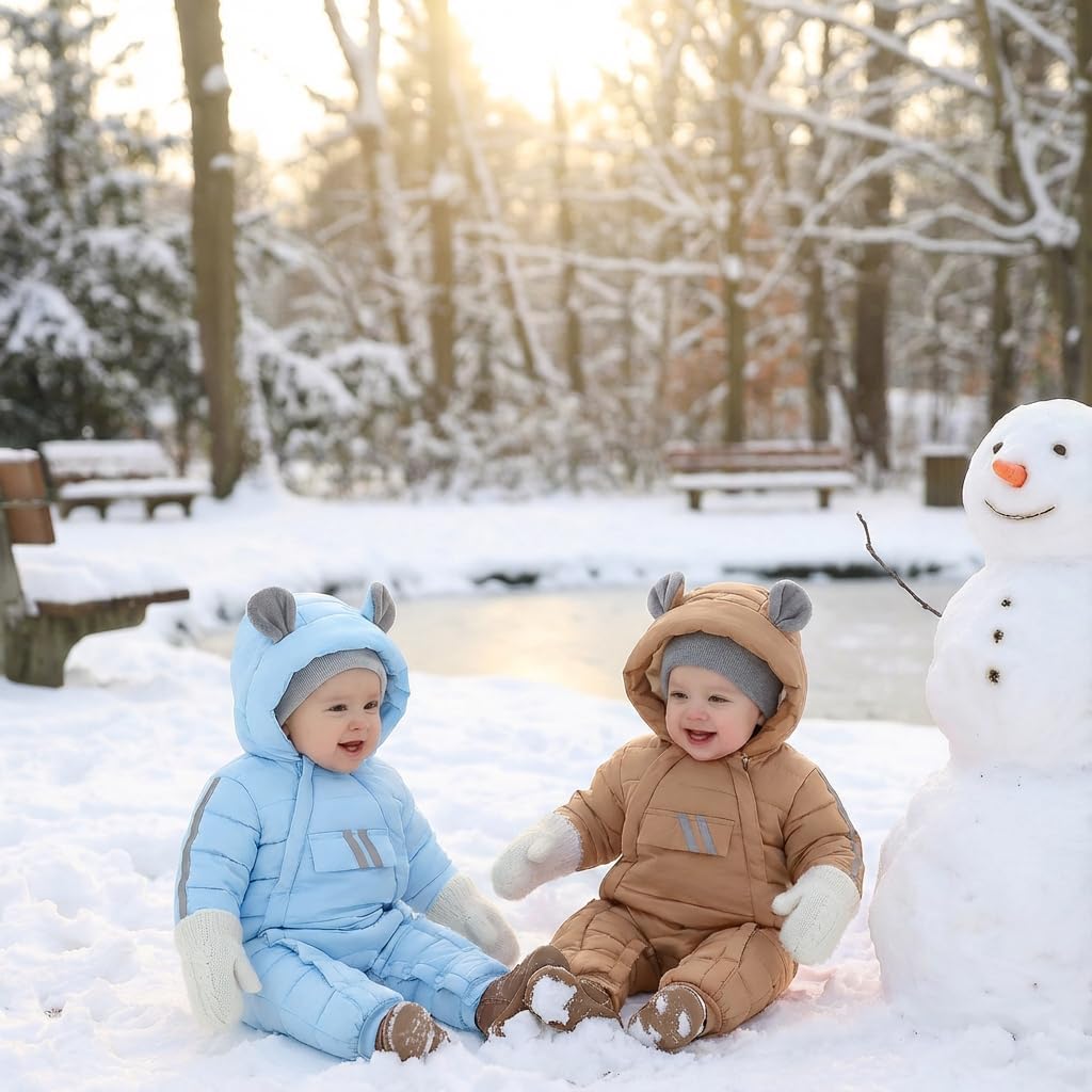 JiAmy Baby Snowsuit Baby Bear Hooded Winter Outfit Double Girl Boy Zipper Winter Clothes Romper - Image 2