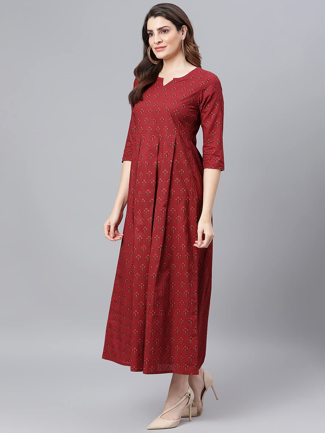Idalia Floral Printed 3/4Th Sleeves Cotton Round V Neck Dress For Women,Maroon