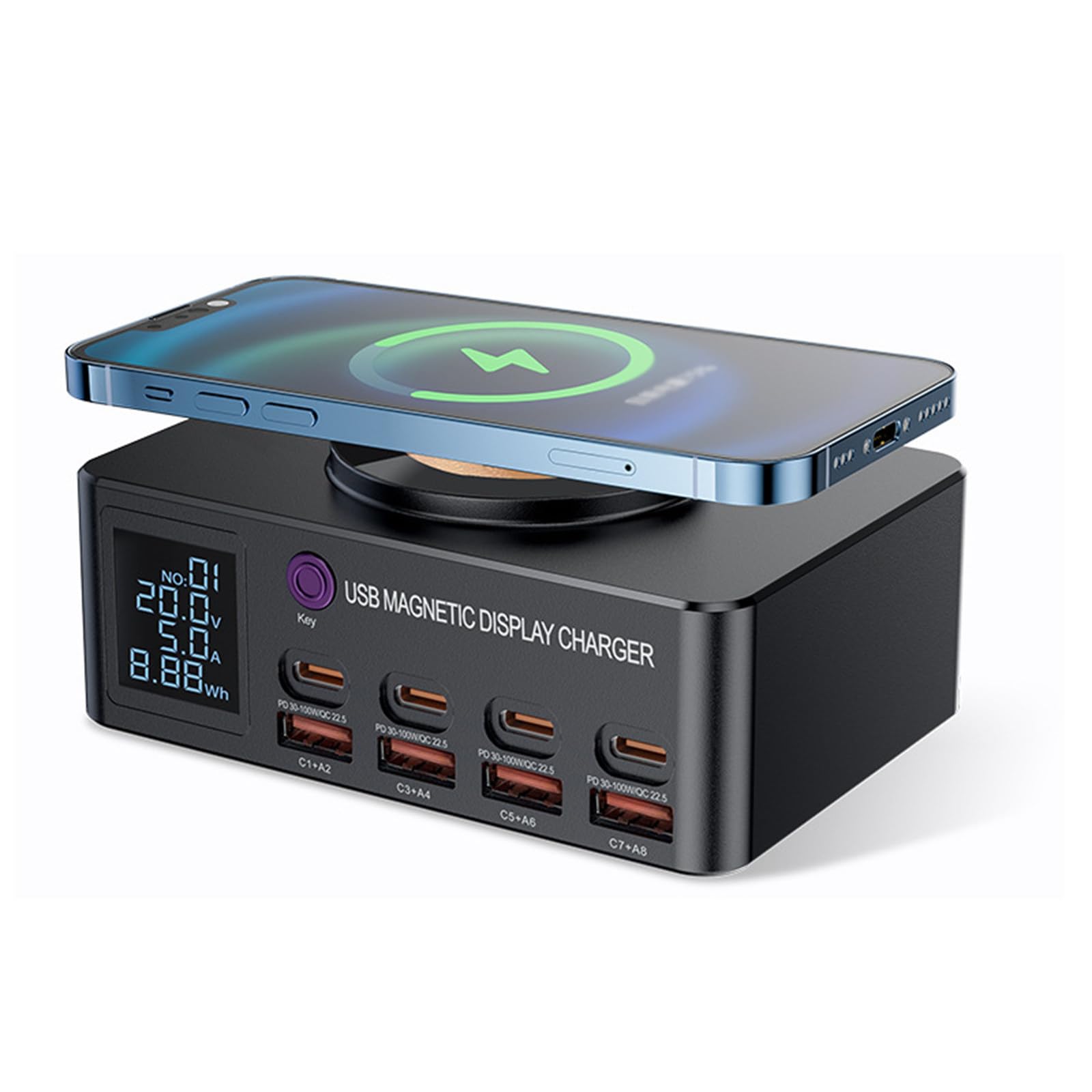Ładowarka biurkowa 140 W Inteligentny wyświetlacz cyfrowy PD100W Szybkie ładowanie Nadaje się do telefonów komórkowych Notebook Ssanie magnetyczne Bezprzewodowe