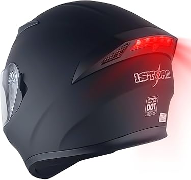 1Storm Motorcycle Street Bike Dual Visor/Sun Visor Full Face Helmet Mechanic with LED Tail Light Matt Black