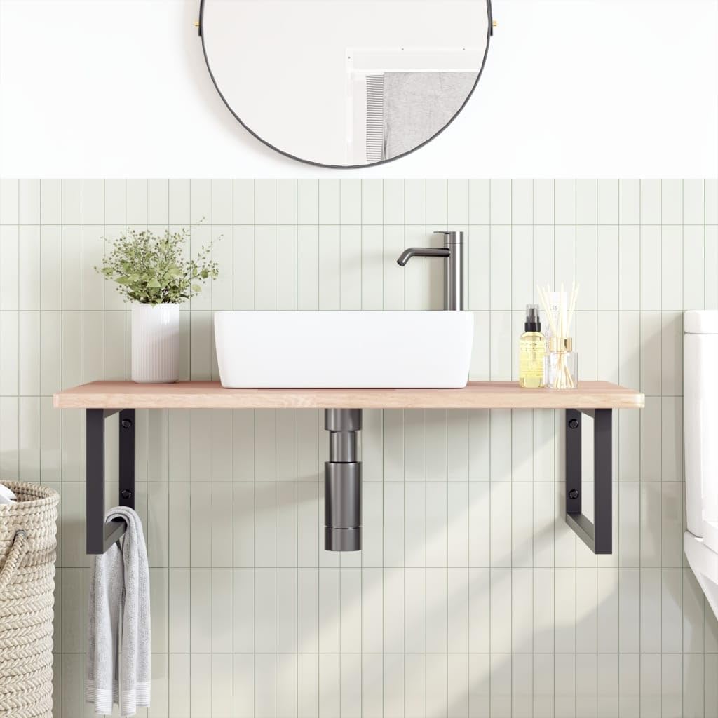 Piano lavabo in legno di rovere massiccio con supporto in acciaio, 100 x 60 x 2,5 cm, portata fino a 100 kg, salvaspazio per lavabo con mobiletto inferiore, moderno scaffale da bagno per