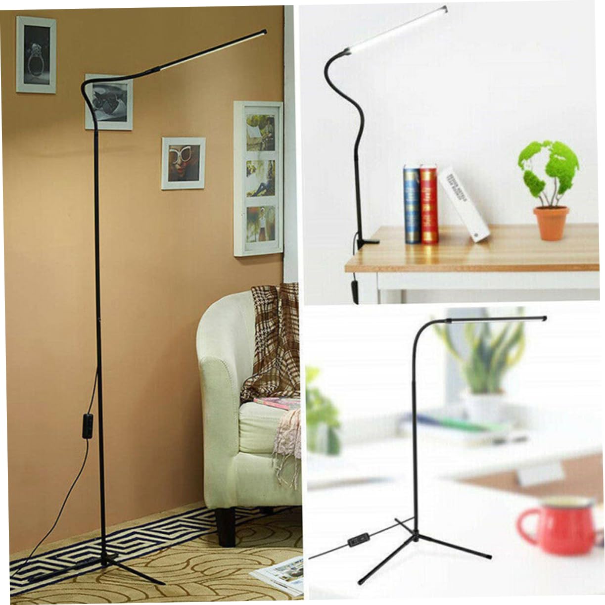 Lámpara LED de Brazo Largo con Pinza, Regulable para Lectura en Cama, Protección Ocular, sin Deslumbramiento, Hierro y Aluminio