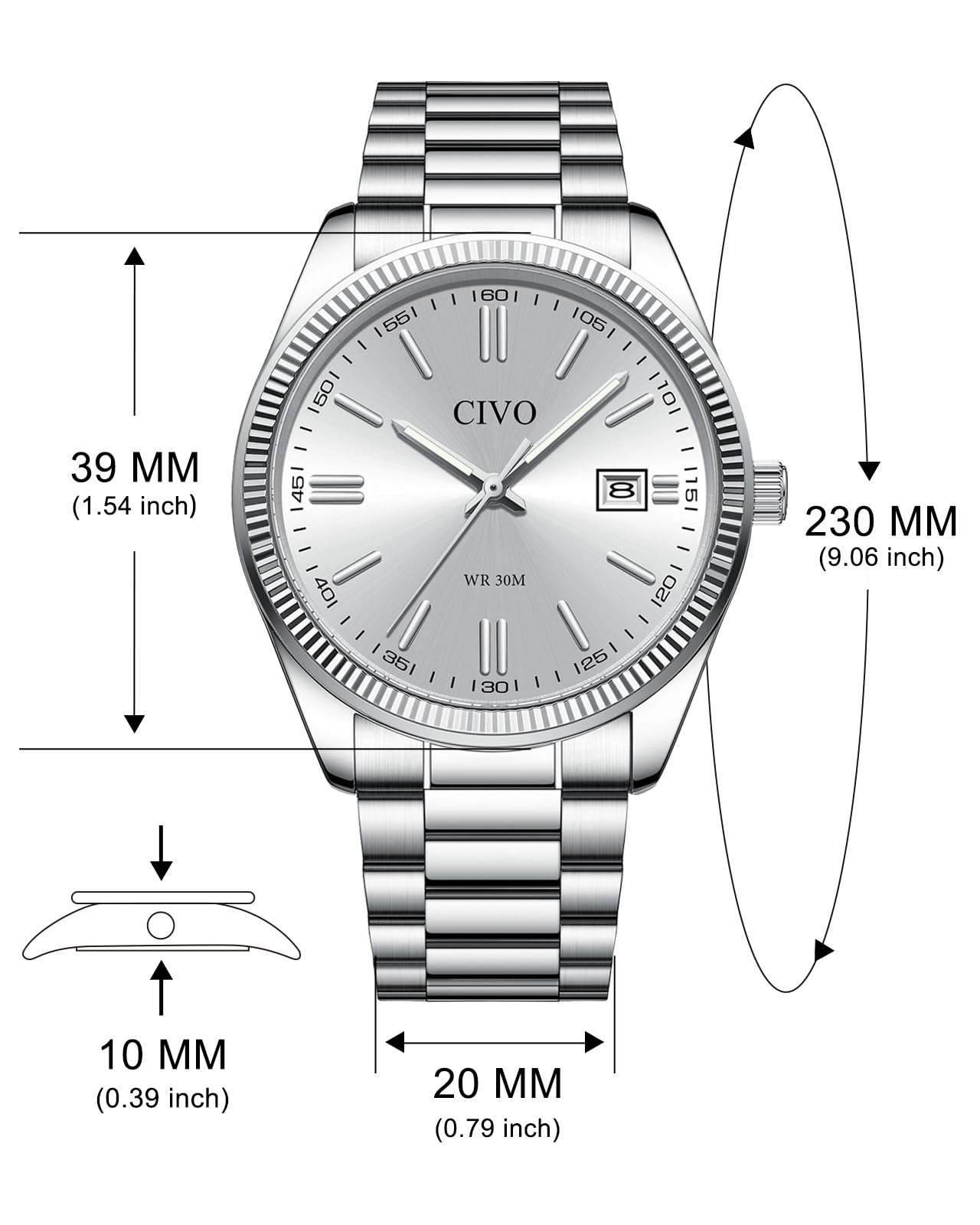 CIVO Analog Mens Watches Silver: Wrist Watches with Date Easy to Read - Dress Stainless Steel Watch for Men Gifts for Husband Father at Birthday Anniversary