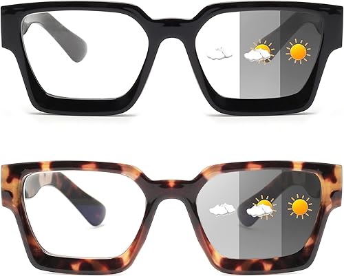 JM Paquete de 2 lentes de sol de lectura fotocromáticos para mujer, lector de computadora cuadrado con luz azul, bisagra de resorte, negro y tortuga JM Paquete de 2 lentes de sol de lectura fotocromáticos para mujer, lector de computadora cuadrado con luz azul, bisagra de resorte, negro y tortuga