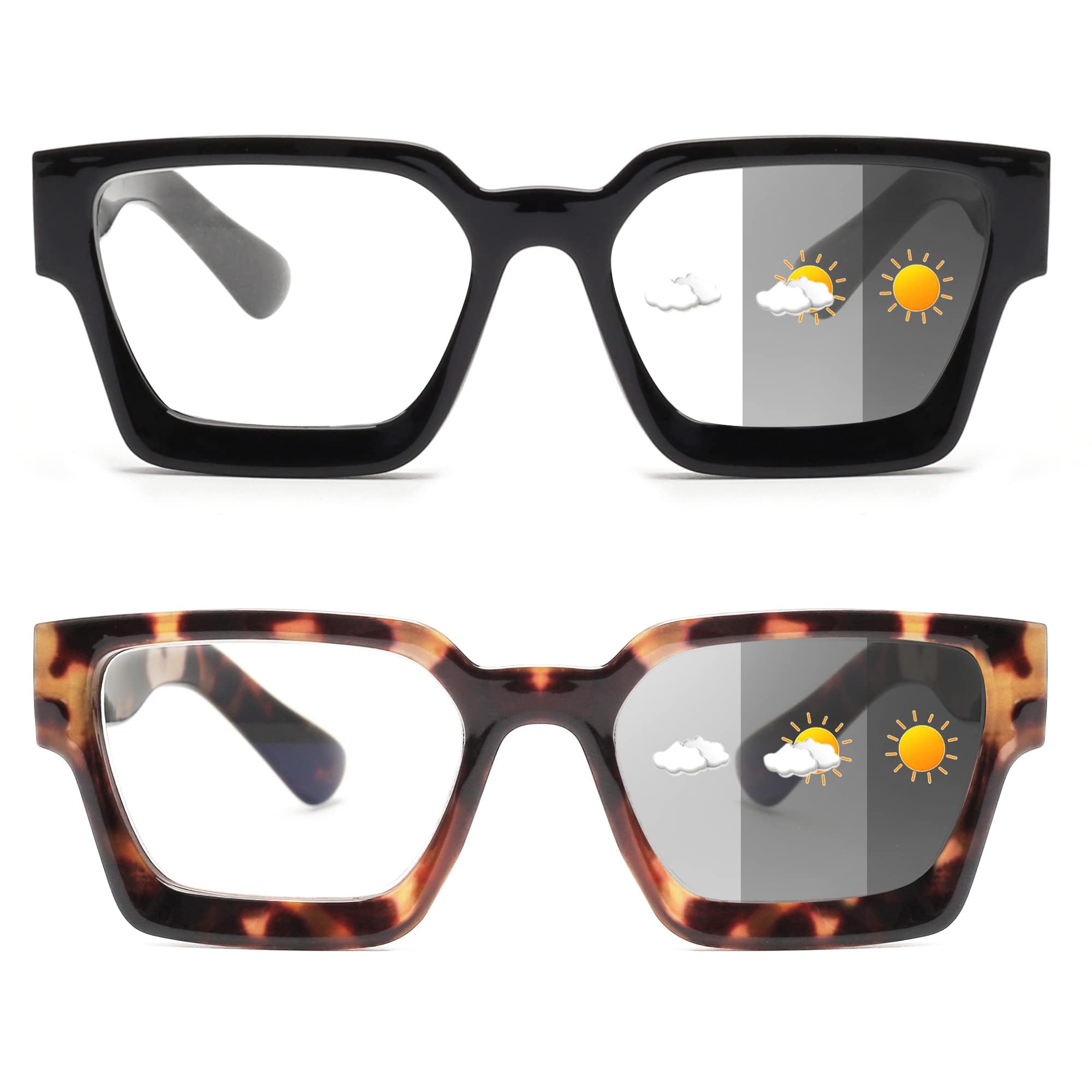 JM 2 Pack Photochromic Reading Sunglasses for Women, Square Blue Light Computer Reader, Spring Hinge, Black & Tortoise +1.25