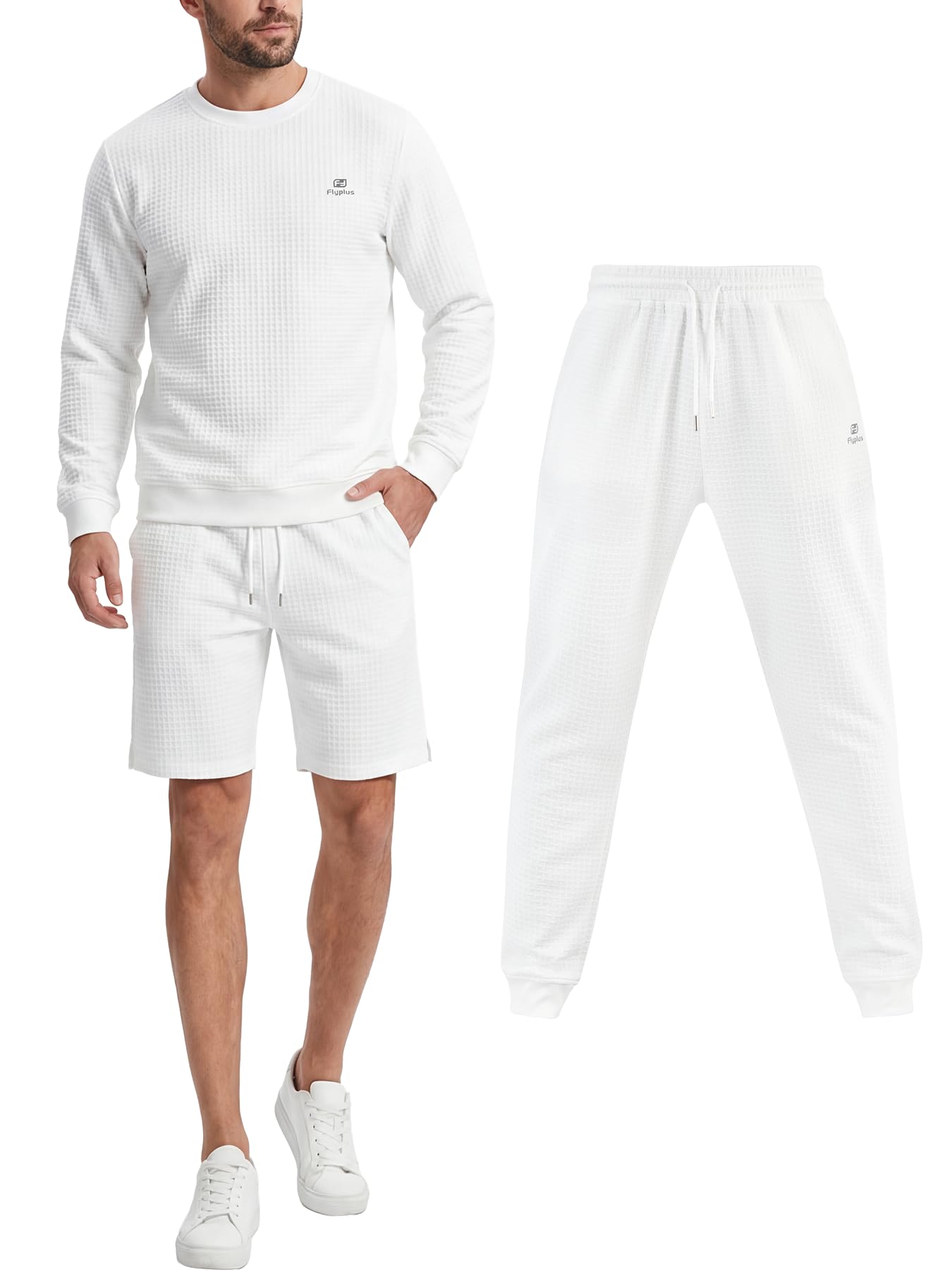 Flyplus Herren Jogginganzug Set Casual 3-Teiliger Trainingsanzug mit Sweatshirts und Herren Jogginghose und Kurze Hose Tracksuit sets Laufanzug mit Strukturmuster