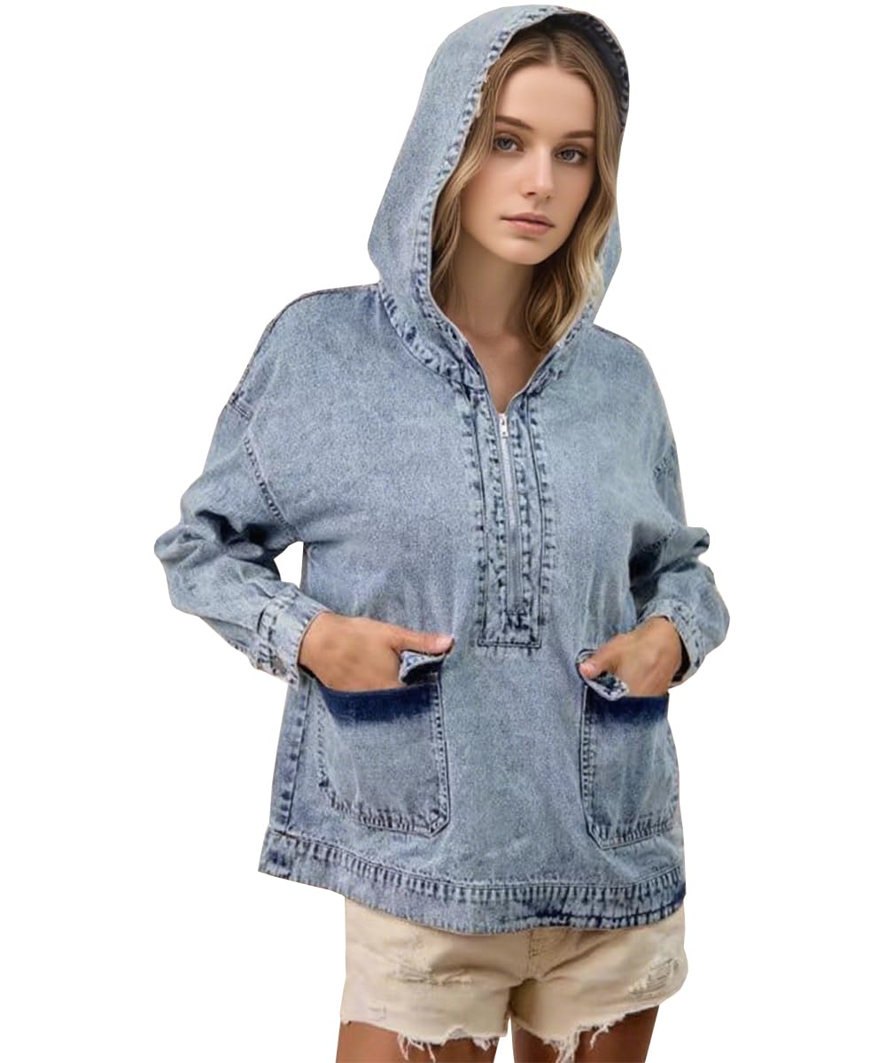 Felpe con Cappuccio in Denim alla Moda da Donna Felpa Loose Fit Manica Lunga Mezza Zip Girocollo Pullover Giacche