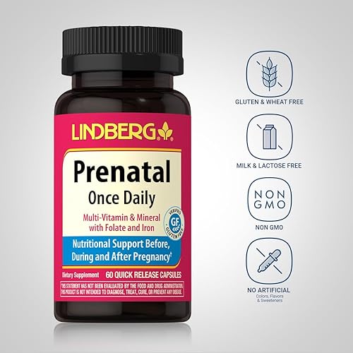 Miniatura 3 de Lindberg Vitaminas prenatales para mujeres | 60 cápsulas | Multivitamínico y mineral con folato y hierro | Suplemento una vez al día | Sin OMG, sin