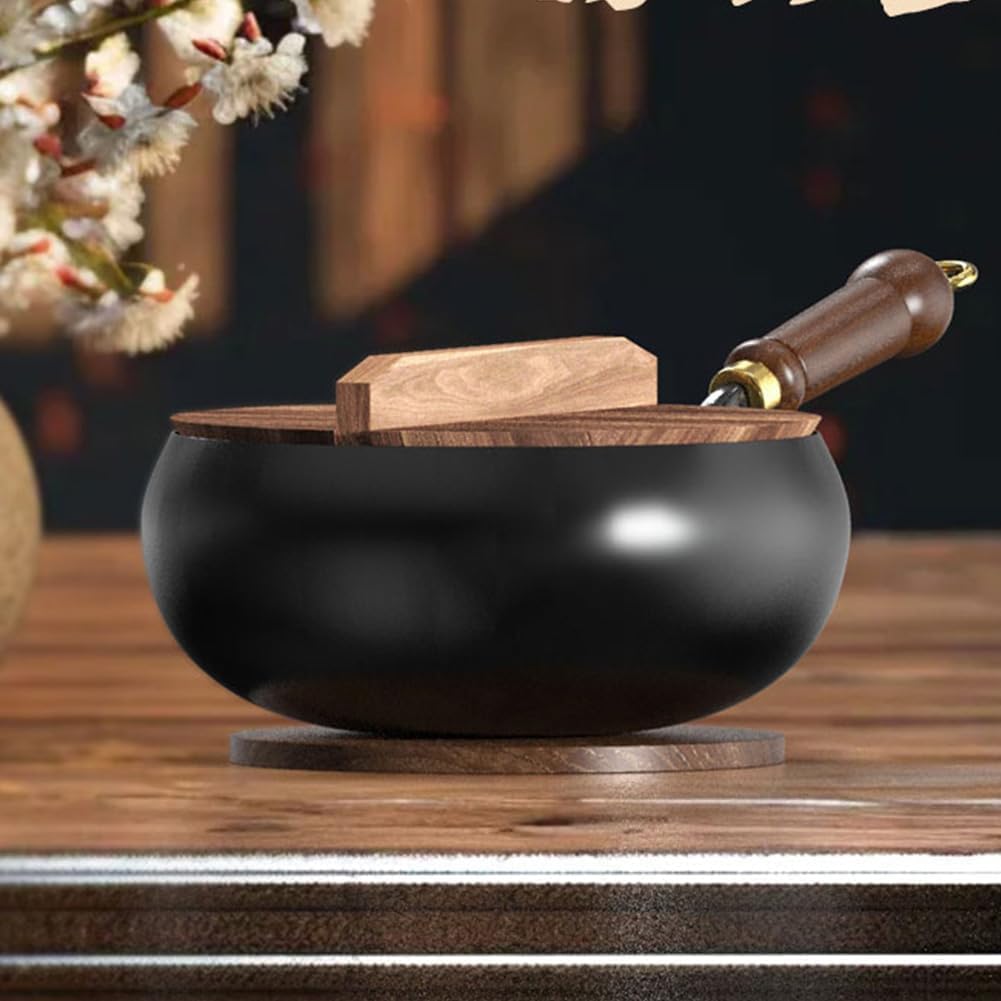 Wok In Ferro Battuto A Mano 26 Cm – Antiaderente Naturale Senza Rivestimento, Fondo Rotondo Con Coperchio In Vetro, Manico In Legno, Per Gas E Induzione