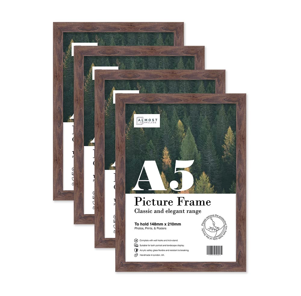 Almost Frameless A5 Walnut Picture Frame Set of 4, Display A5 Picture Gallery Wall, Poster, Photo, Artwork, or Print, Walnut