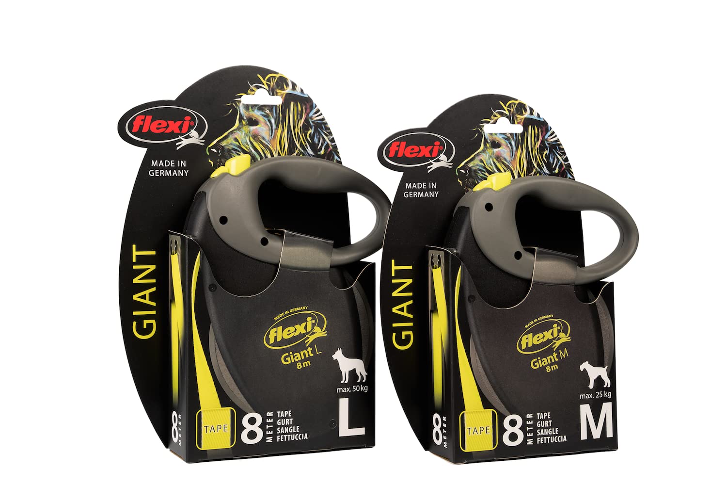Croci Flexi New Neon Tape, Correa Reflectante Extensible para Perros, Talla M hasta 25 Kg, Longitud 8 Metros, Negro Y Amarillo & Flexi - Correa Giant L Cinta 8 m