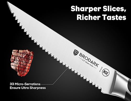 Miniatura 3 de BRODARK Juego de 6 cuchillos para carne de 4.5 pulgadas con mango de espiga completa, juego de cuchillos para carne de acero inoxidable de alto