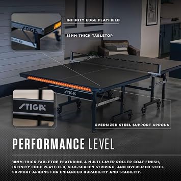 STIGA Carbon Series Indoor Table Tennis Table with 15mm - 18mm Performance Top, QuickPlay Assembly, Built-in Ball Storage, Foldable Playback Mode & Lockable Casters