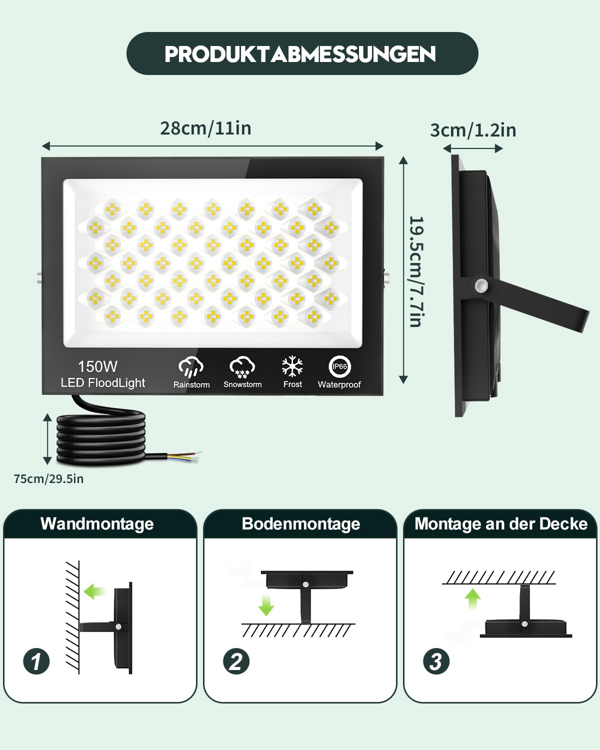 Sararoom Strahler Fluter Flutlicht Scheinwerfer - 4er 150W 208 LED 15000LM Kaltweiß 6500K, IP65 Wasserdichte Flutlichtstrahler Außen-Sicherheitsbeleuchtung für Garten Garage Hof Auffahrt Türen Flur