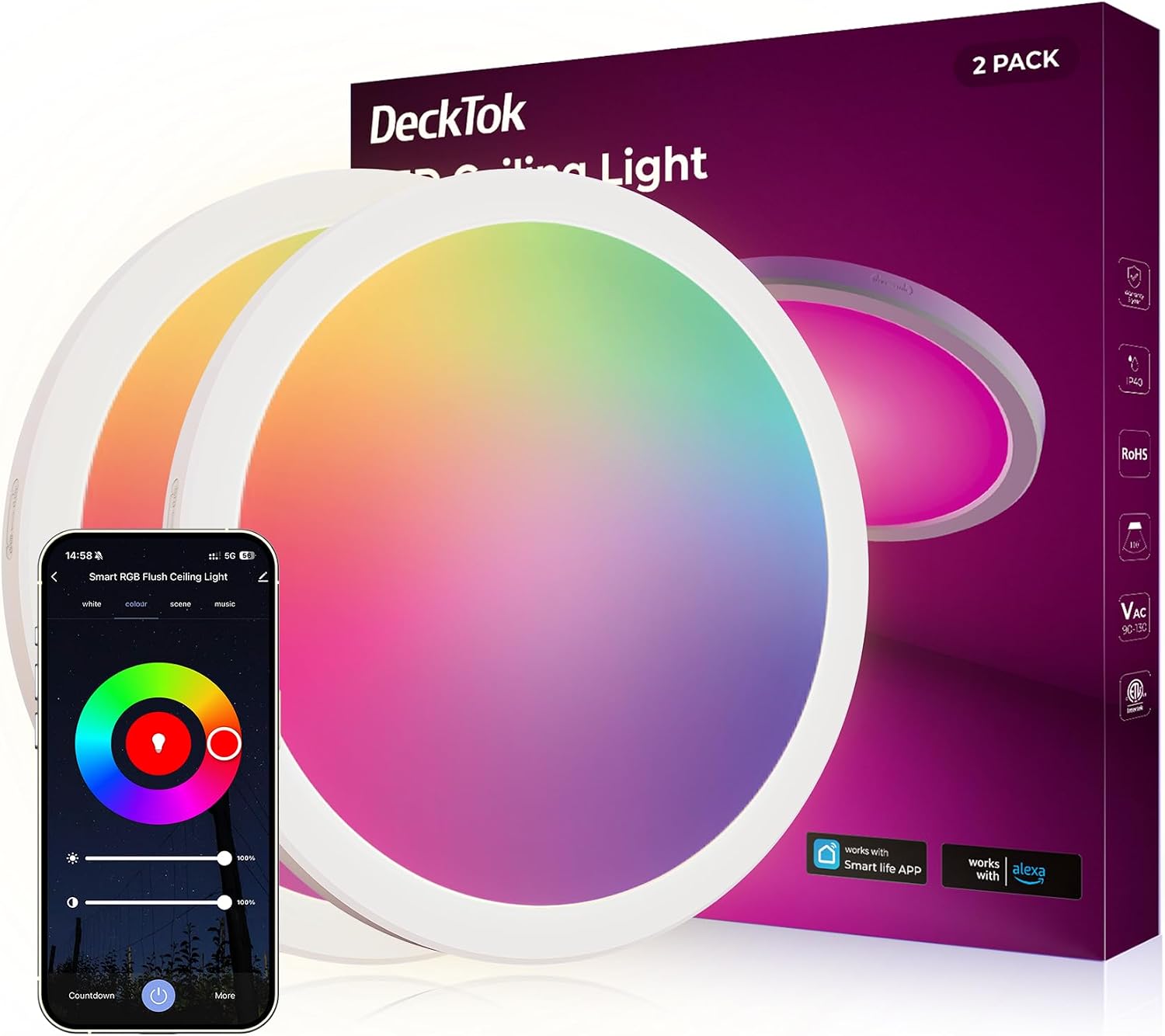 DeckTok 12 Inch Smart Ceiling Light, 2400LM RGBCW LED Flush Mount Ceiling Light Work with App & Voice Control, 2700K-6500K Dimmable LED Ceiling Light Fixture for Living Room Bedroom Game Room, 2 Pack