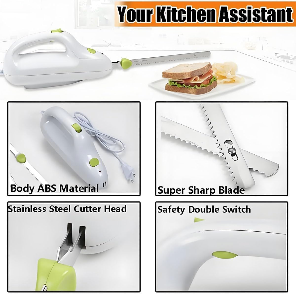 Electric Bread Knife Carving Knife,Cordless Rechargeable Bread Cutter & Meat Slicer with 2pcs 8inch Stainless Steel Blades,Safety Lock Switch, For Families, Meat, Bread, Cheese