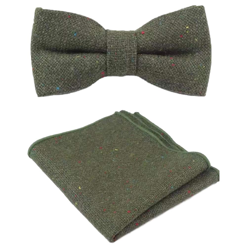 Db Dickie Bow Men's Olive Green Luxury Wool Pre-Tied And Fully Adjustable Bow Tie & Pocket Square Set (Olive Green) - Suitable For Formalwear, Office, Weddings, Parties, Grooms & Grooms Outfits