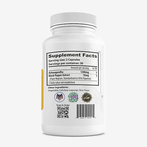 Miniatura 2 de Synergies.Health Ashwagandha (Withania Somnifera) Pimienta negra orgánica  Cápsulas de Pullulan de 1300 mg  Apoyo natural del estado de ánimo y