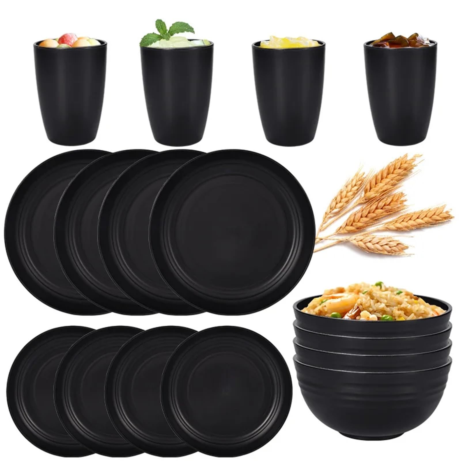 Juego de cubiertos de polipropileno negro de 8 piezas/16 piezas con plato, tazón, vajilla de fiesta de camping al aire libre (16 piezas)