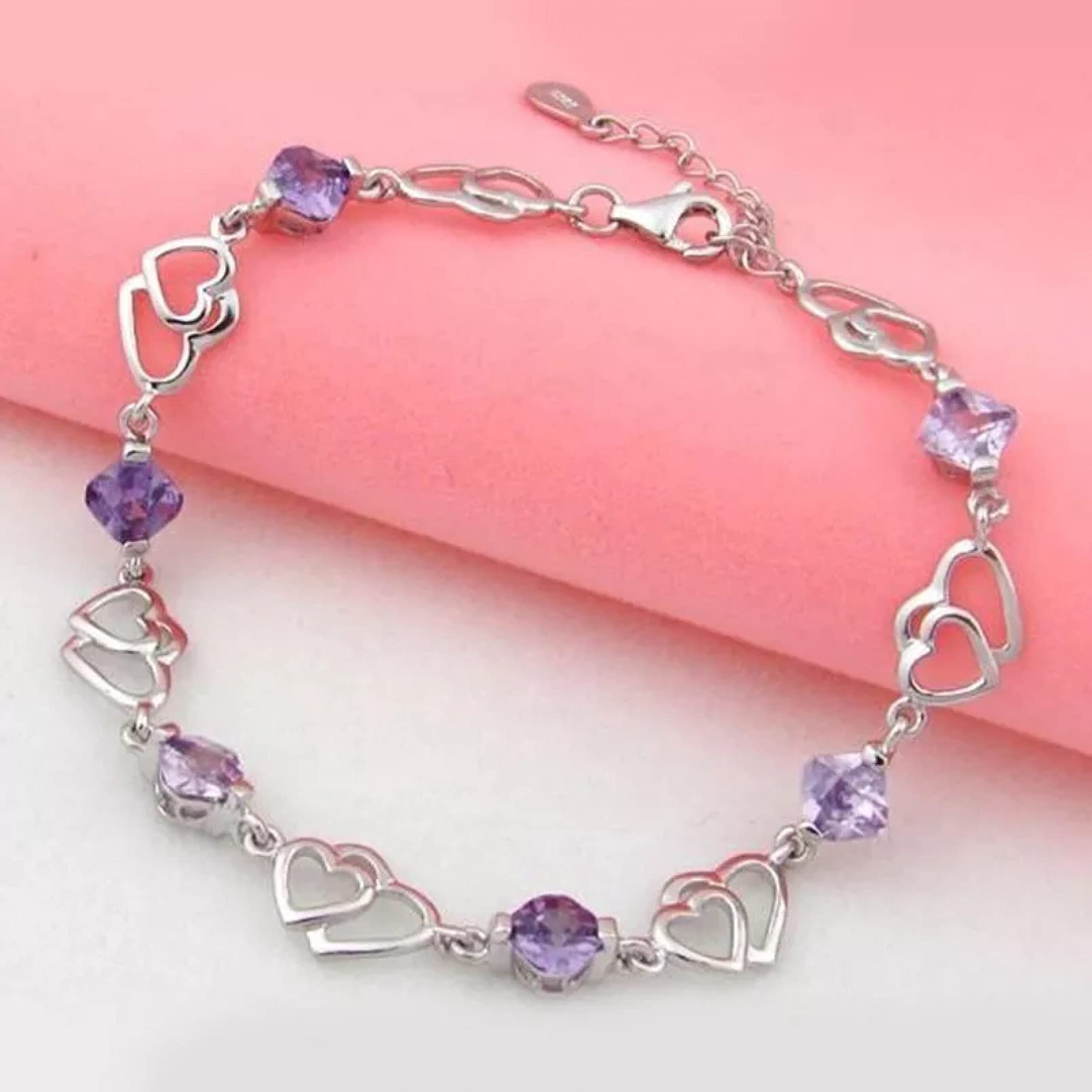 Pulsera De Mujer Pulsera De Plata 925 Ajustable para Mujer Pulsera con Dijes De Corazón De Amatista para Mujer