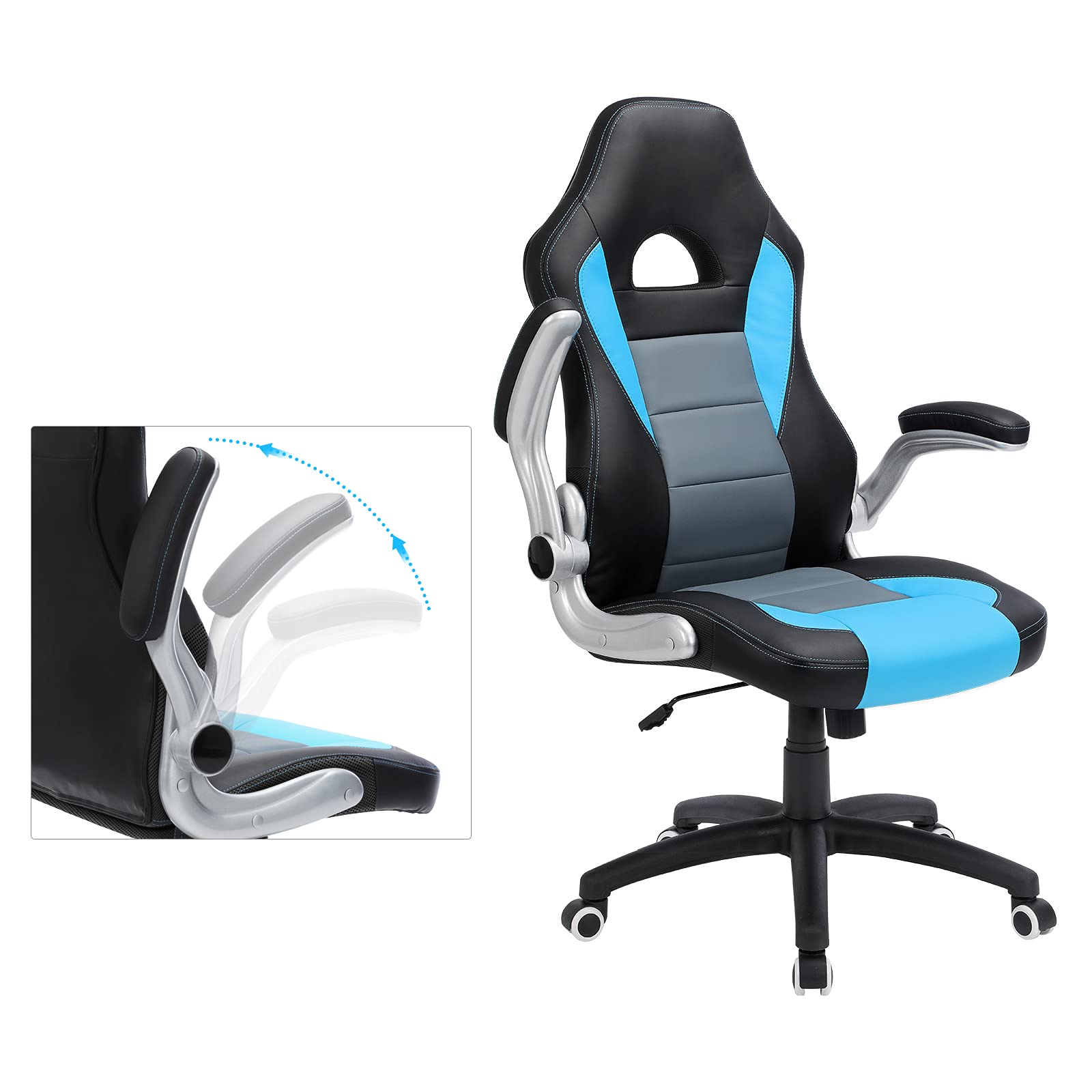 SONGMICS OBG56BW Ufficio, scrivania, Computer, Sedia Girevole, Poliuretano, Nero E Grigio E Blu, 7070 （118-128）